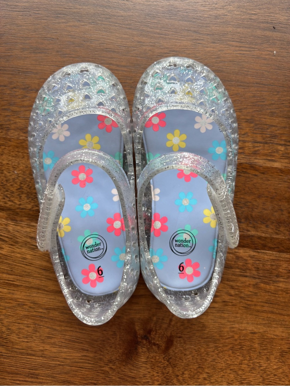 wonder nation Clear Glitter Jelly Mary Janes w/ Multicolor Floral Insole size 6